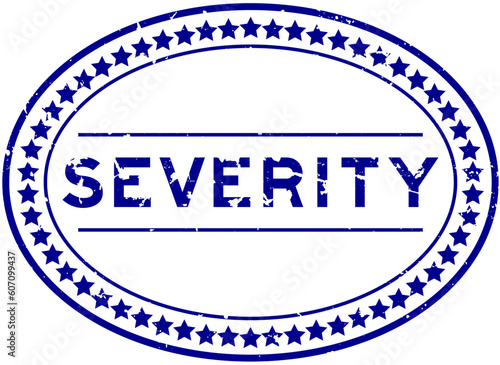 Grunge blue severity word oval rubber seal stamp on white background