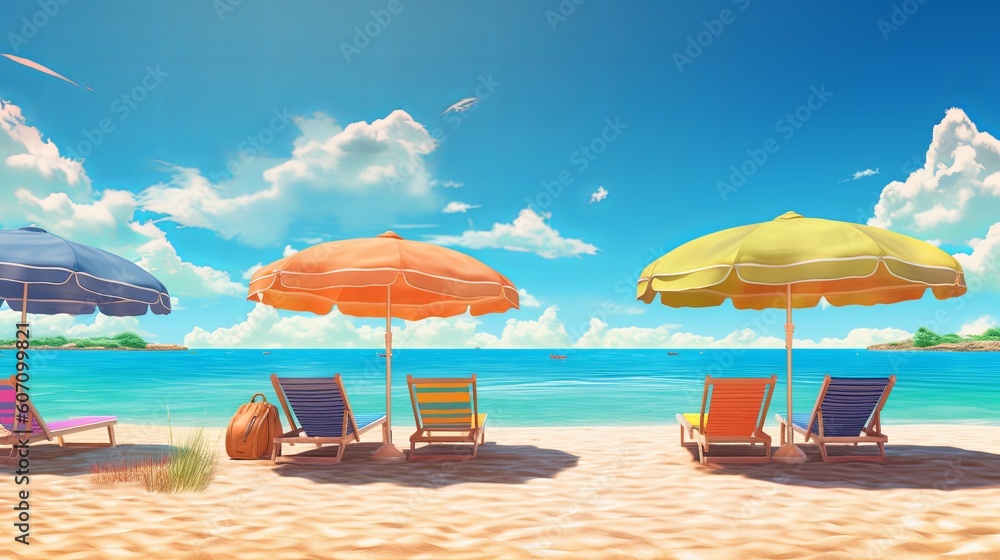 Beach, Beach with an umbrella and sun loungers, Generative AI
