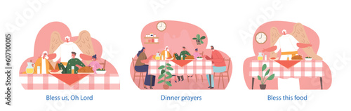 Family Characters Adults And Kids Gathered Around Table, Praying With An Angel's Presence, As They Share A Meal