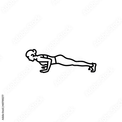 Girl is doing push ups black line icon.