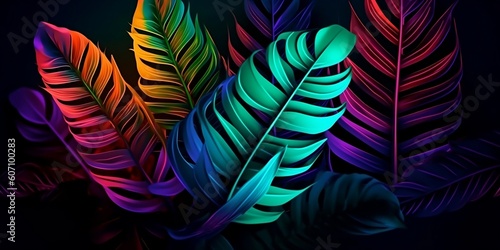 Dark green tropical leaves colorful neon light, backlight, leaves composition, plant background, manstera, palm leaves. Finest generative AI.
