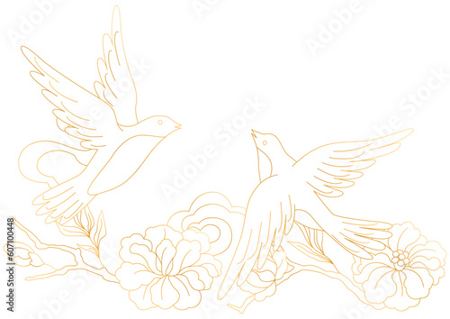 Oriental birds and flowers illustration. Chinese and japanese traditional background.