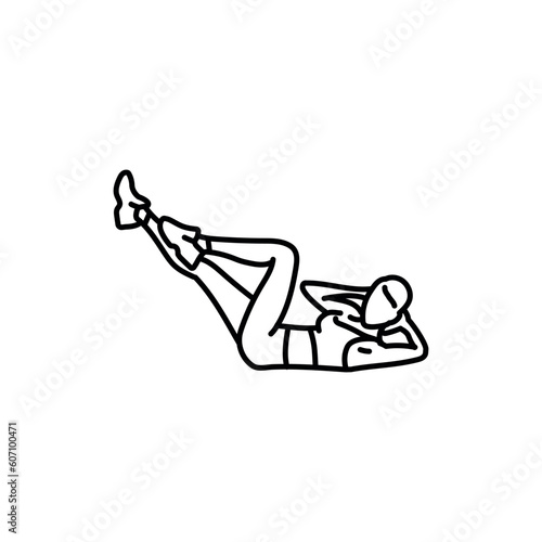 Woman doing Bicycles black line icon. Cross body crunches exercise. © Backwoodsdesign