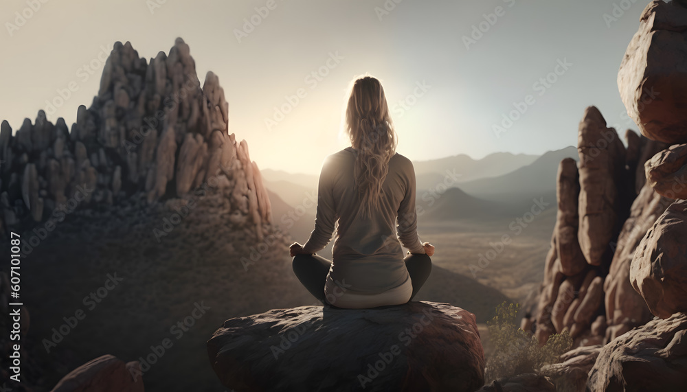 Back view Young woman sitting on rock meditating in nature mountain Alps sunrise. Generation AI Back view Young woman sitting on rock meditating in nature mountain Alps sunrise. Generation AI