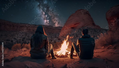 Happy colover couple sitting by campfire watching night sky with milky way full around tent camping  back view. Concept travel trip romantic vacation man and woman. Generation AI