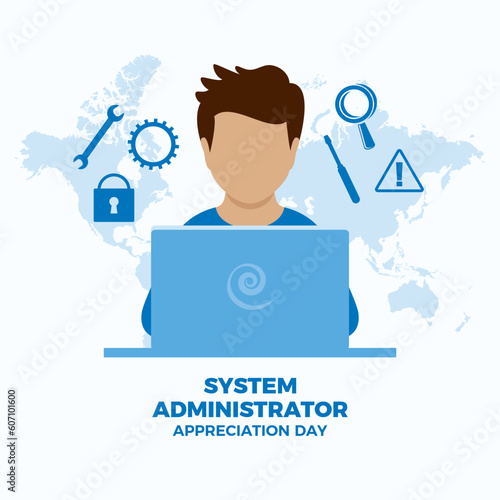 System Administrator Appreciation Day vector illustration. Male admin using laptop icon vector. Working man system administrator design element. Programming symbol icon set. Important day