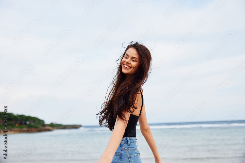 woman young summer tan travel lifestyle running sea beach smile sunset woman young summer tan travel lifestyle running sea beach smile sunset