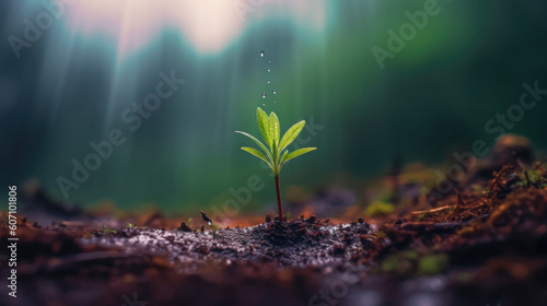 Small Sprout In The Soil Against The Background Of A Forest With Falling Rain Created With The Help Of Artificial Intelligence