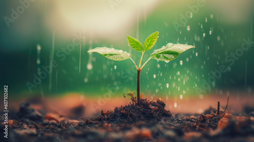 Small Sprout In The Soil Against The Background Of A Forest With Falling Rain Created With The Help Of Artificial Intelligence