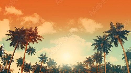 Palm Trees Silhouette at Sunset in Vintage Postcard Style Background, with Copyspace.