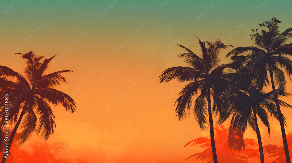 Palm Trees Silhouette at Sunset in Vintage Postcard Style, with Copyspace.