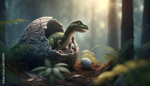 Young dinosaur T Rex hatches from an egg in forest in habitat, Jurassic period. Generation AI © Adin