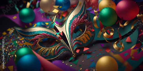 Classy color carnival party banner, elegant mask with decorations background. Generation AI
