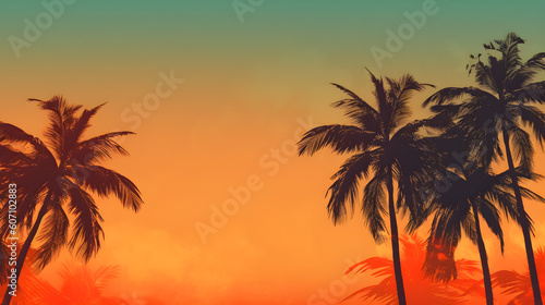 Palm Trees Silhouette at Sunset in Vintage Postcard Style  with Copyspace.
