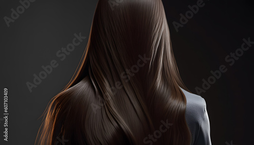 Back view healthy Long hair of beautiful brunette woman. Generation AI