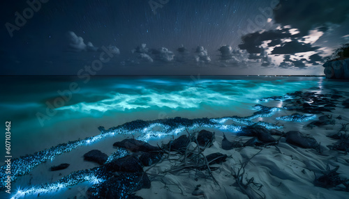 Bio luminescence blue light. Illumination of plankton at sand beach Maldives. Generation AI