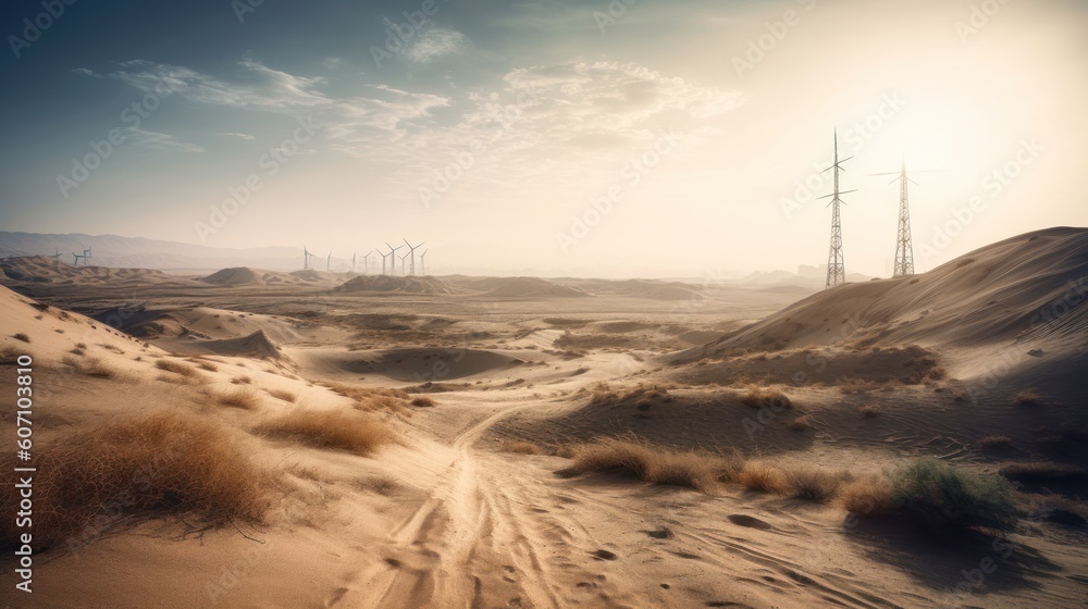 Wind turbines in the desert, renewable energy concept. Generative AI