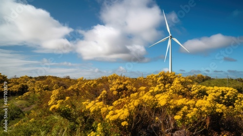 Wind turbine in a yellow flower field  Alternative energy. Generative AI