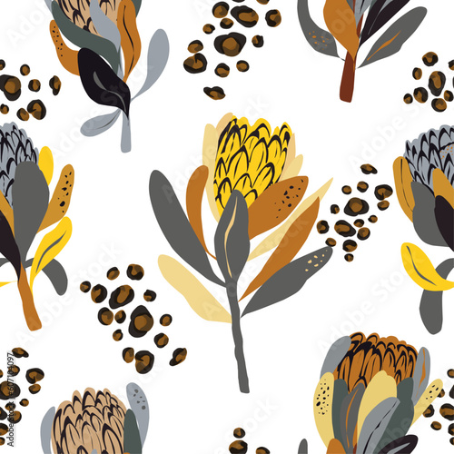 Vector seamless endless bright pattern, exotic protea. For printing on fabric, wallpaper, paper. Flat vector design	
