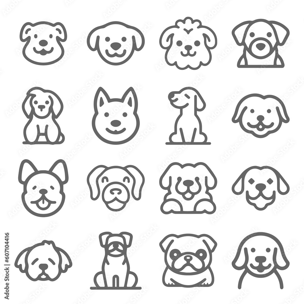 Cartoon cute Dog silhouette vector line icon set Cartoon cute Dog silhouette vector line icon set