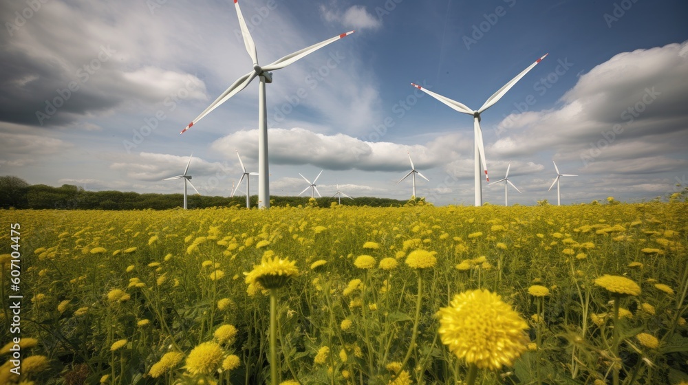 Wind turbine in a yellow flower field, Alternative energy. Generative AI. Wind turbine in a yellow flower field, Alternative energy. Generative AI.