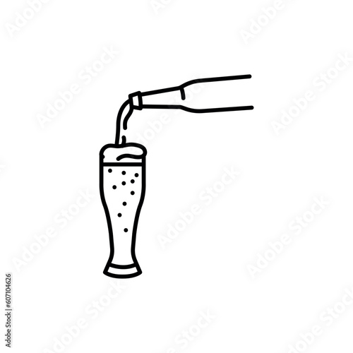 Beer pouring from dark bottle black line icon.