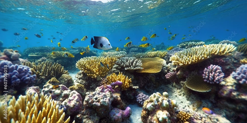 Fototapeta premium Underwater world. Coral reef and fishes in Red sea at Egypt. Generative AI