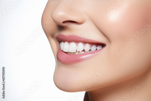 Smiling woman with perfect teeth  close up. Dental clinic banner. Isolated on white background female perfect tooths. Generated AI