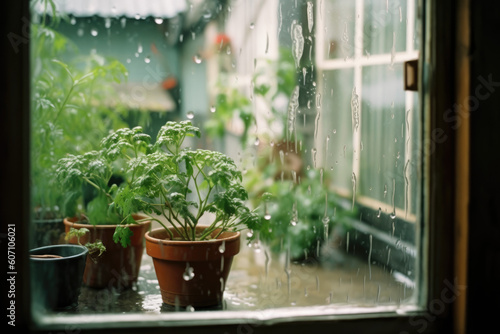 a potted plant on the windowsill during rainy weather