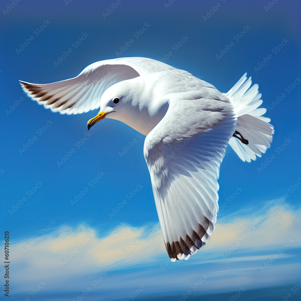 Fototapeta premium White seagulls fly freely in the sky. Generative AI.