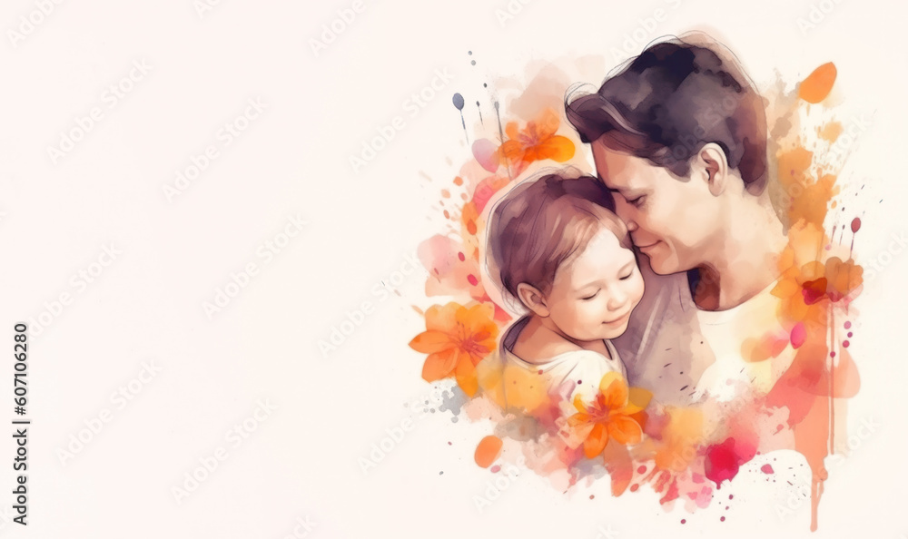Father holding his baby son in arms in watercolor painting style for Fathers Day flyer background with copy space, AI generated Father holding his baby son in arms in watercolor painting style for Fathers Day flyer background with copy space, AI generated