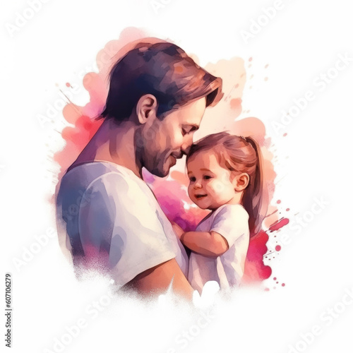 Happy Fathers Day watercolor portrait of a father and daughter hugging and smiling on a white background with copy space, AI generated