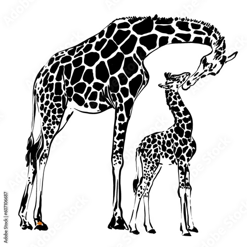 Photography mom and baby Giraffe monochrome illustration