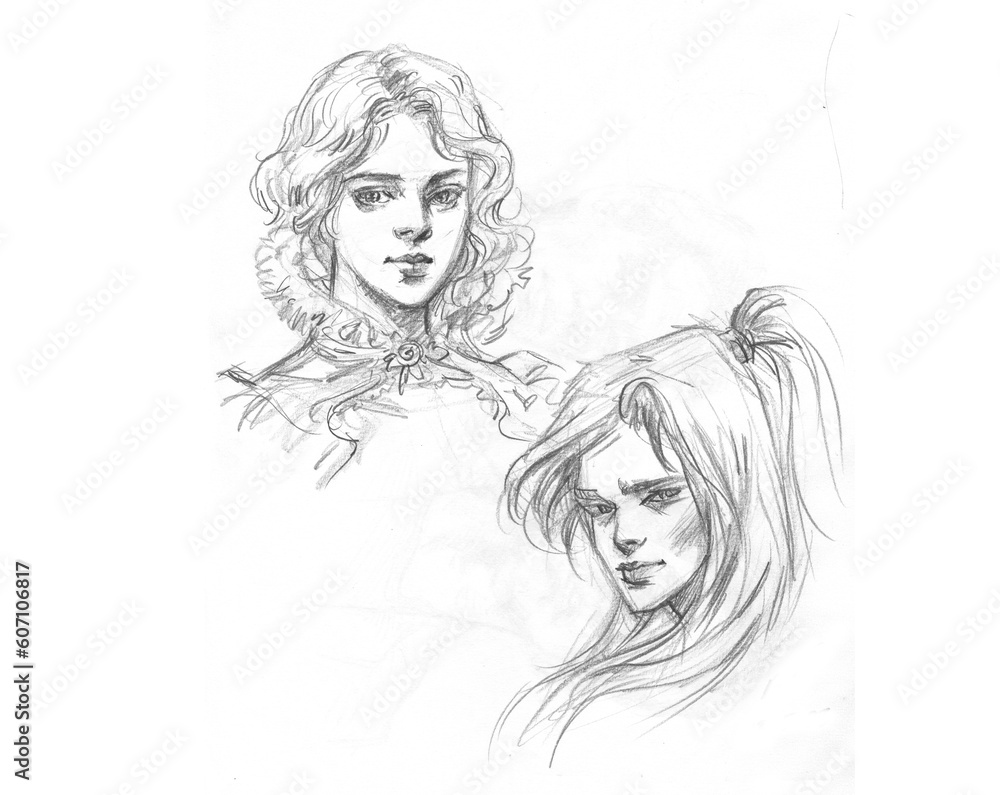 Fototapeta premium sketch of two girls pencil drawing for card decoration illustration