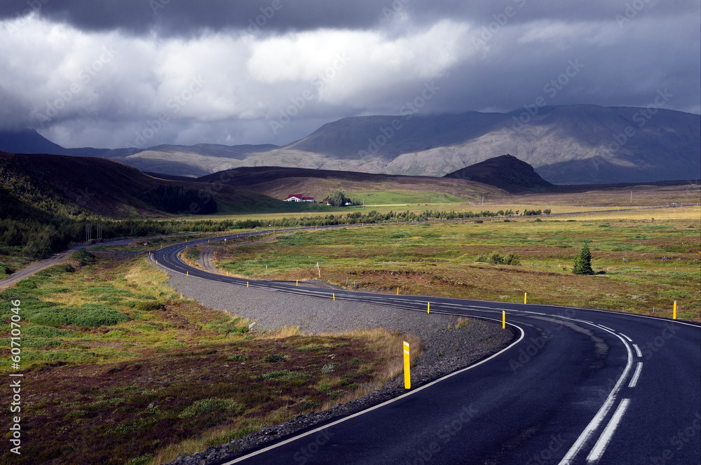 Iceland - one of lowest population density in the world, empty road number 360 from Nesjavellir to Thingvellir, central Iceland, Europe, Polar regions Iceland - one of lowest population density in the world, empty road number 360 from Nesjavellir to Thingvellir, central Iceland, Europe, Polar regions