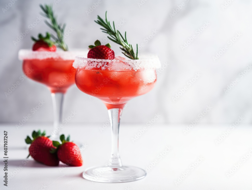 Cold summer strawberry alcohol cocktail with ice, green rosemary twig, berry slices in light modern interior. AI generative Cold summer strawberry alcohol cocktail with ice, green rosemary twig, berry slices in light modern interior. AI generative