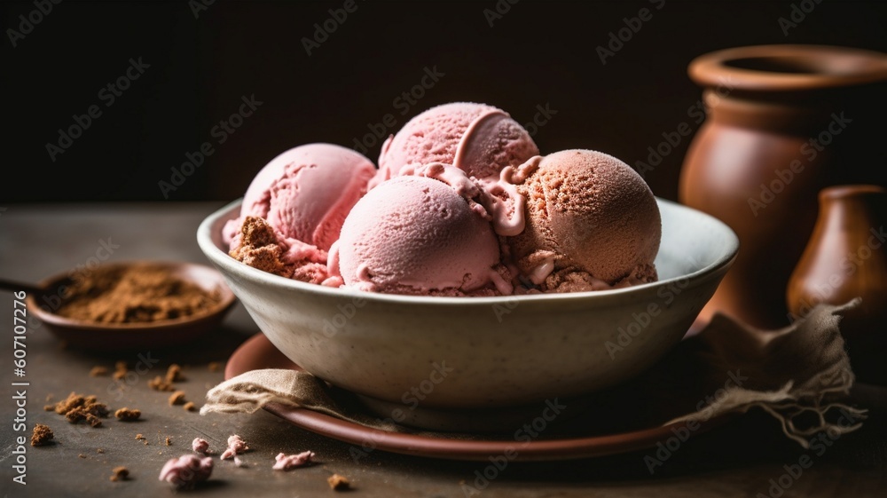 Delicious ice cream scoops served in bowl Generative AI Delicious ice cream scoops served in bowl Generative AI