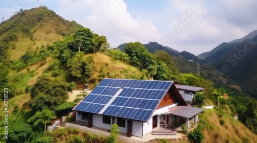 eco-friendly house with solar panels on the roof surrounded by green nature. Generative AI © Natee Meepian