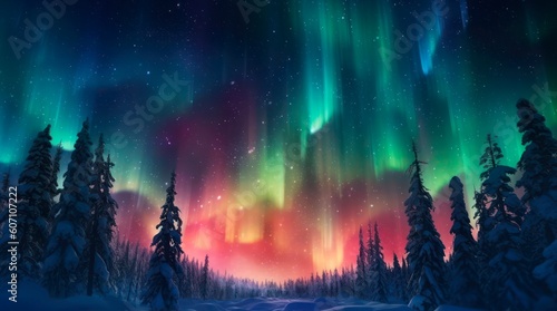 Aurora borealis. Winter landscape of northern lights over the forest. Generative AI. © Hanna