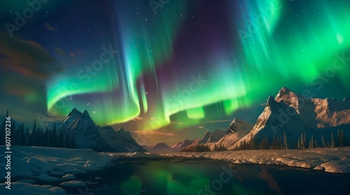 Aurora borealis. Winter landscape of northern lights over the snowy mountains. Generative AI. © Hanna