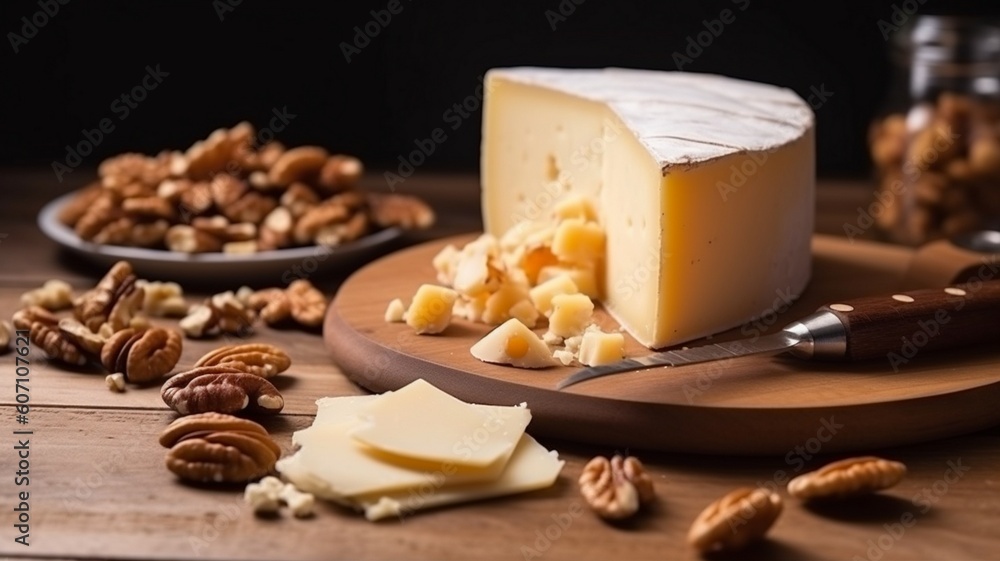 Gouda cheese with cutting board on wooden kitchen table Generative AI Gouda cheese with cutting board on wooden kitchen table Generative AI