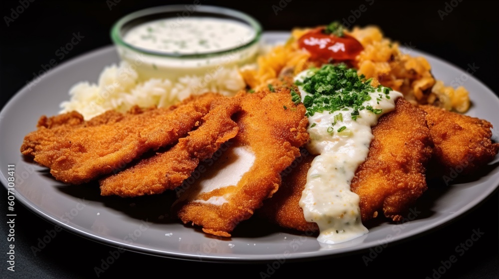 Schnitzel with rice and sauce. Generative AI Schnitzel with rice and sauce. Generative AI
