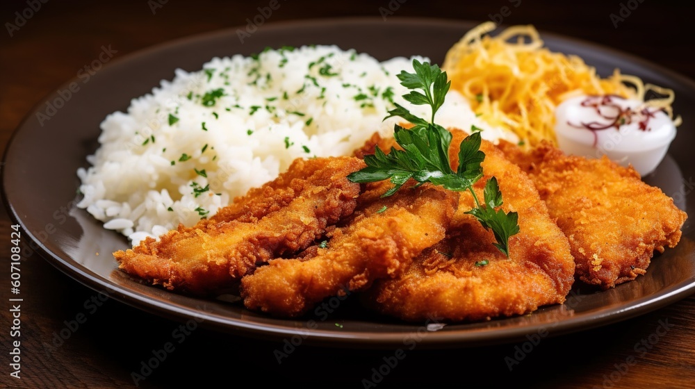 Schnitzel with rice and sauce. Generative AI Schnitzel with rice and sauce. Generative AI