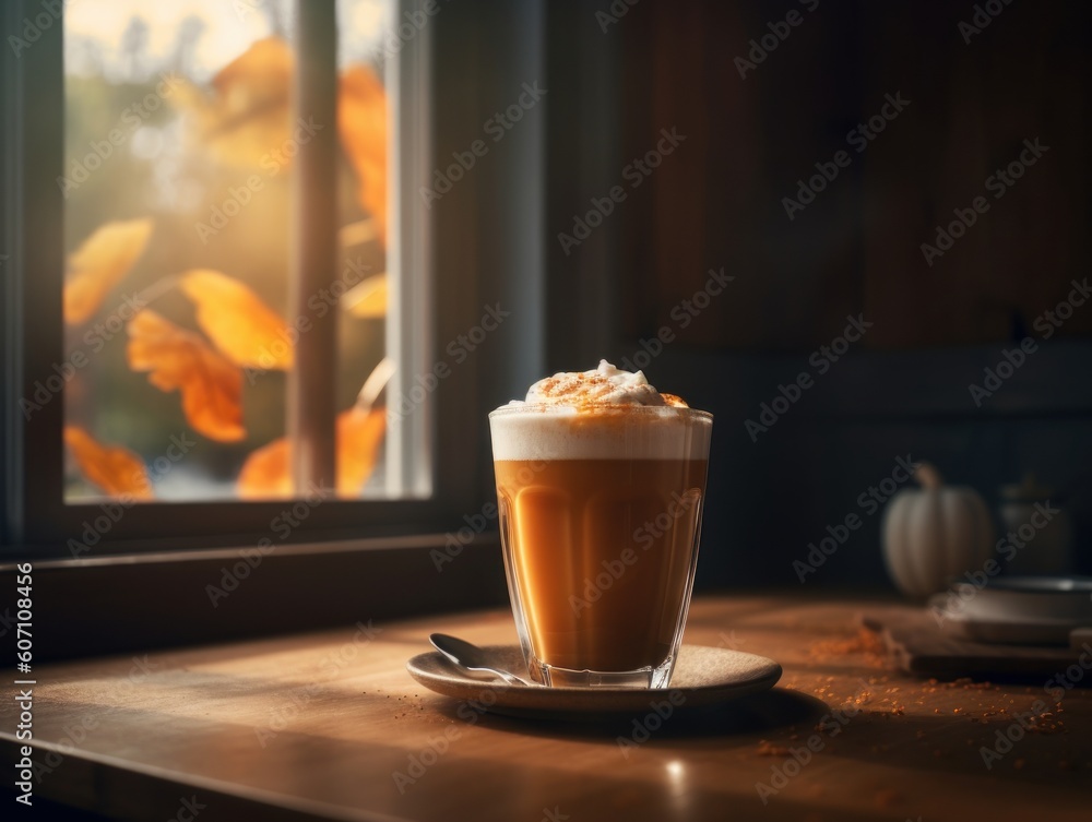 A Glass of Orange Pumpkin Spice Latte Placed on a Wooden Table Covered in Autumn Leaves During a Foggy Morning, Illuminated by Warm Sunlight, Halloween Drink Photography A Glass of Orange Pumpkin Spice Latte Placed on a Wooden Table Covered in Autumn Leaves During a Foggy Morning, Illuminated by Warm Sunlight, Halloween Drink Photography