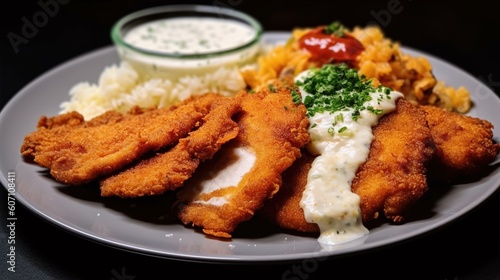 Schnitzel with rice and sauce. Generative AI