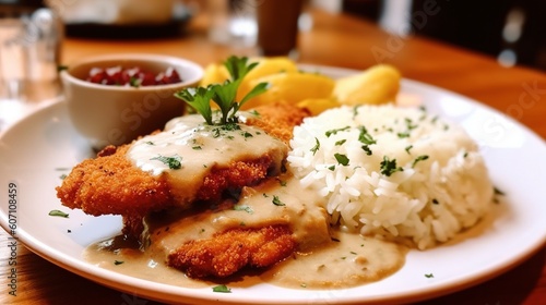 Schnitzel with rice and sauce. Generative AI