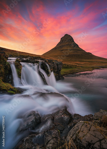 Vibrant Sunset at Kirkjufell, famous attraction in Iceland