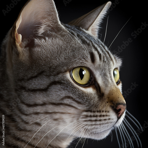 Studio shot with cute egyptian mau cat portrait with the curiosity and innocent look as concept of modern happy domestic pet in ravishing hyper realistic detail by Generative AI. photo