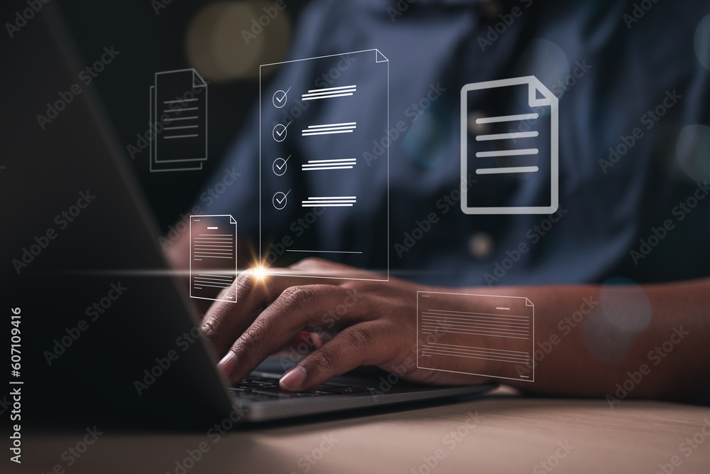 technology, checklist, contract, working, business, management, document, approval, inspections, career. businessman typing keyboard to checklist and document approval inspections. checklist contract. - obrazy, fototapety, plakaty 