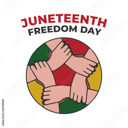 Juneteenth Freedom Day of United States in vector design. Holding hands together symbol of unity. Juneteenth concept.